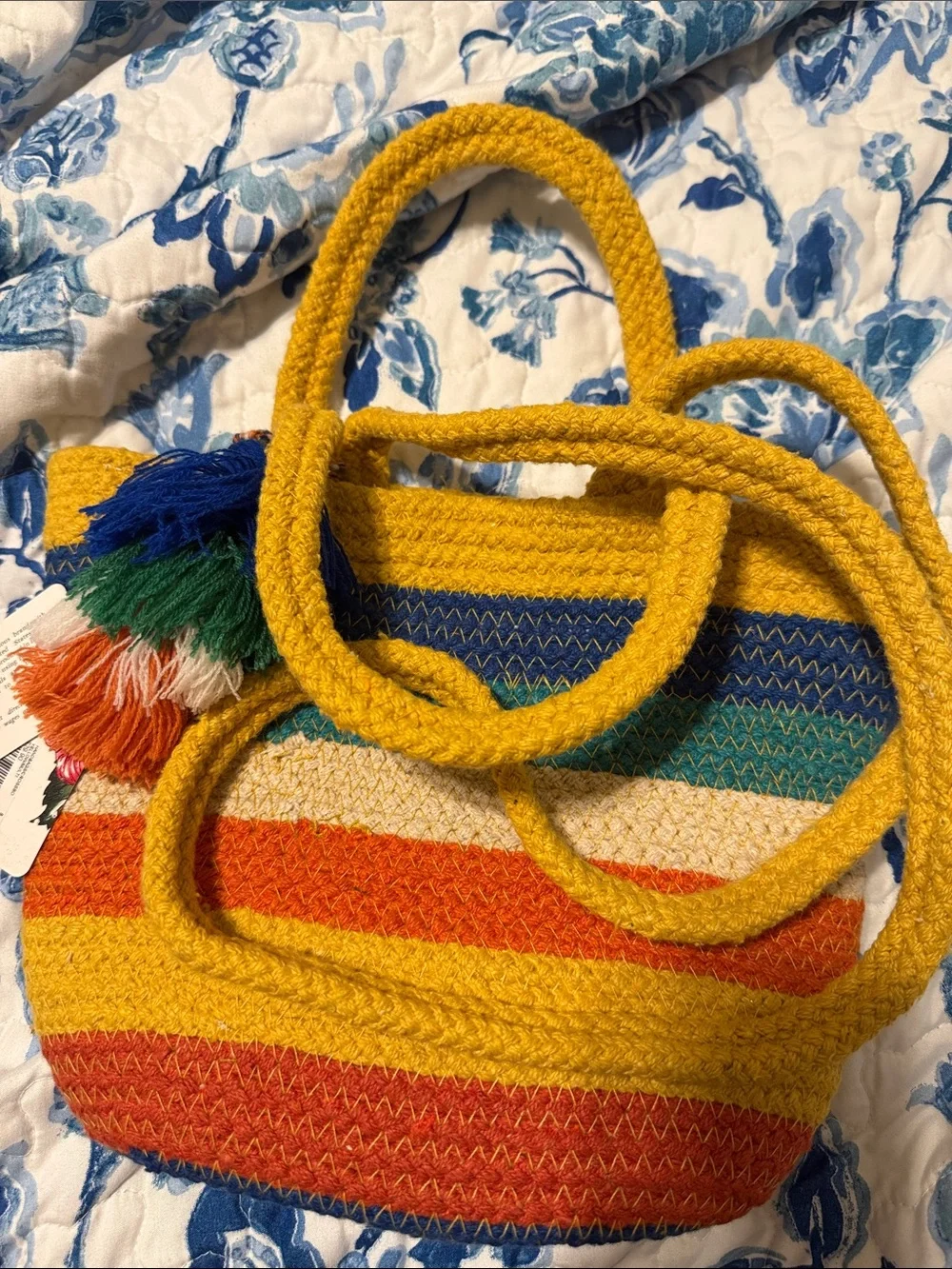Multicolor Crochet Stripe Tote Bag with Tassel - Yellow Accent